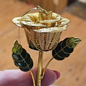 Vtg Gold Tone Filigree  Rose  Cloisonné  Leaf 3D Rose Ornament